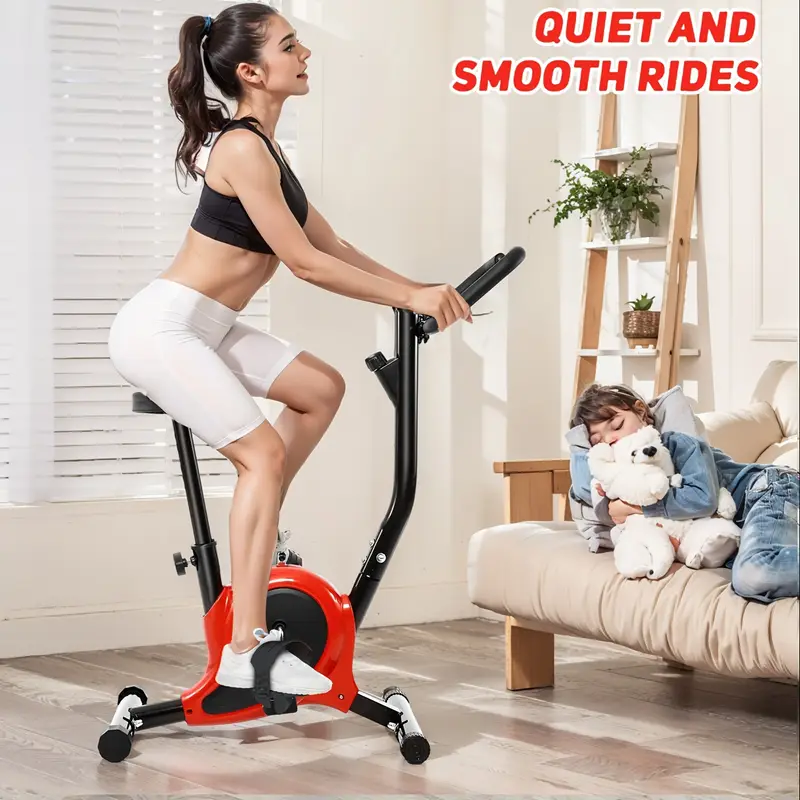 Compact Indoor Exercise Bike with Red Wheels - Quiet, Manual Operation, No Battery Needed, Iron Frame, Perfect for Home Workouts, Bike Racks, Exercise Bicycle, Step Machine