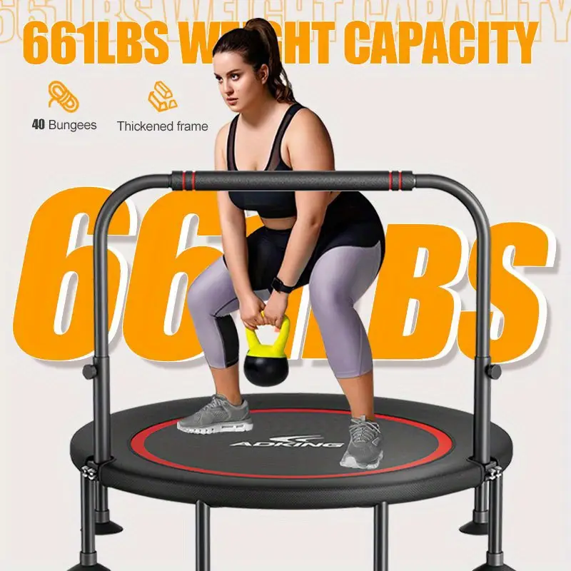 Foldable Fitness Rebounder, 204.12KG Capacity, 121.92cm Adult Exercise Trampoline with Bungee, U-Shape Adjustable Foam Handle, Stable & Quiet Workout Equipment for Indoor/Outdoor Use, Trampoline for Exercise